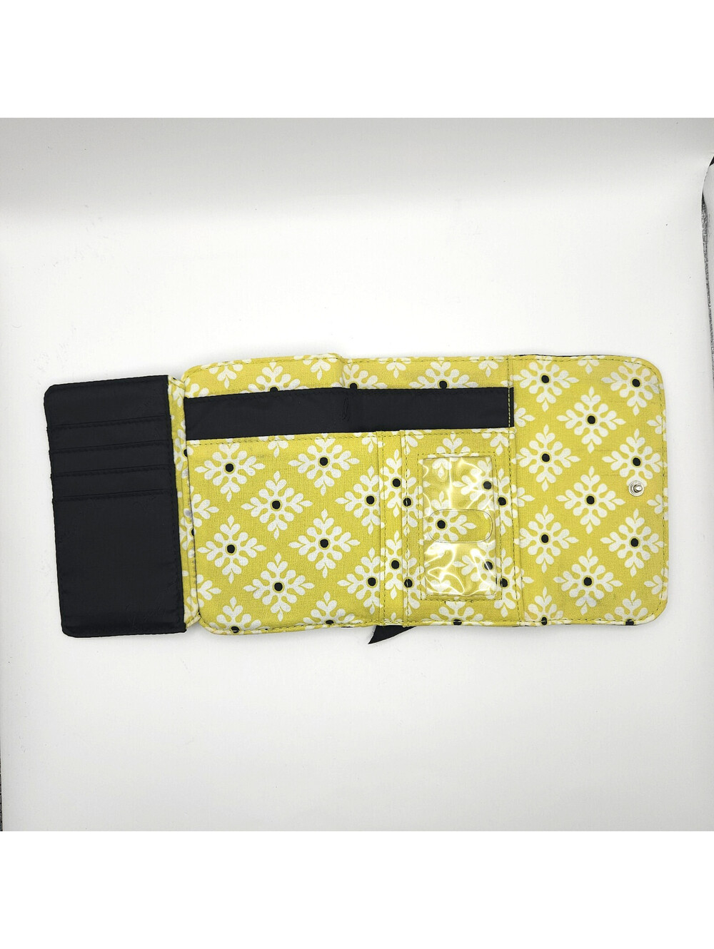Vera Bradley Quilted Trifold Euro Retired Baroque Wallet Black Yellow Floral - Picture 5 of 7